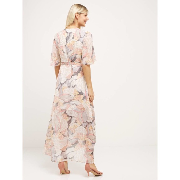 Molly Bracken Maxi Dress Medium Pink Lotus Floral Print Wrap Short Sleeve NWT - Picture 4 of 13